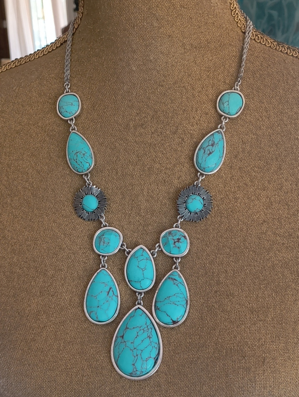 Faux Turquoise Teardrop Statement Necklace - Silver-Tone Setting